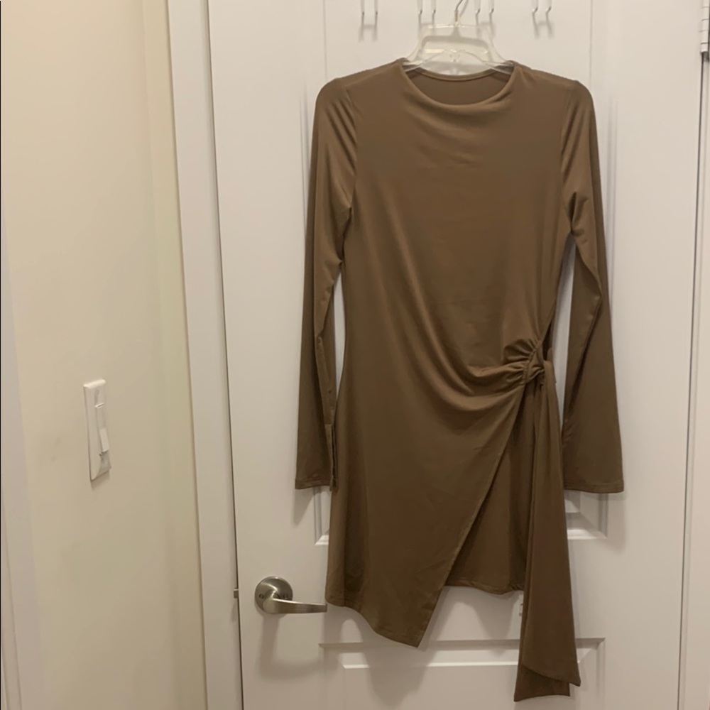 Brown Asymmetrical Ruched Long Sleeve Dress